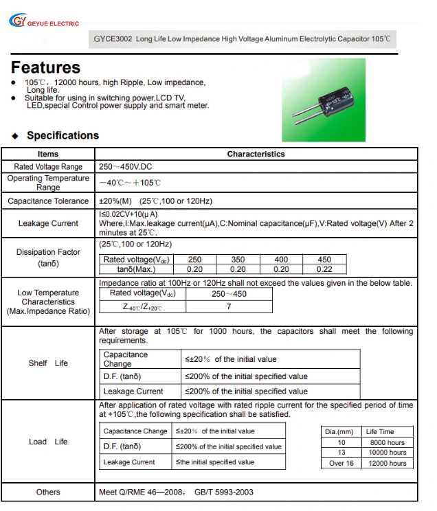 Geyue Gyce3002 Long Life Low Impedance 250~450VDC High Voltage Aluminum Electrolytic Capacitor 12000h 105c Degrees