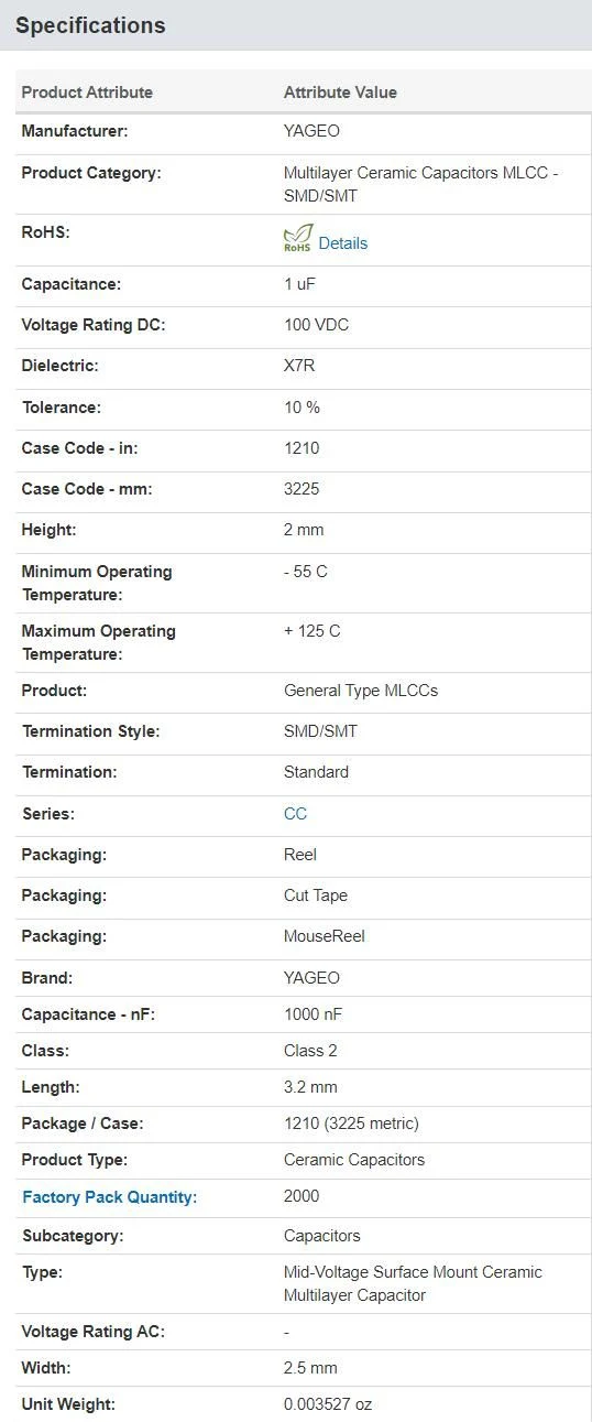 Mlcc CC1210KKX7R0BB105 100 V 1uF X7R 1210 10% General Purpose&amp; High SMT/SMD Capacitor Yageo