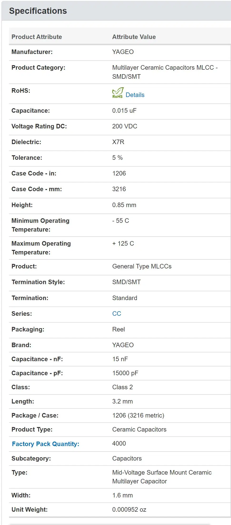 MLCC CC1206JRX7RABB153 200V 0.015uF X7R 5% 1206 High Voltage Ceramic Capacitor Yageo