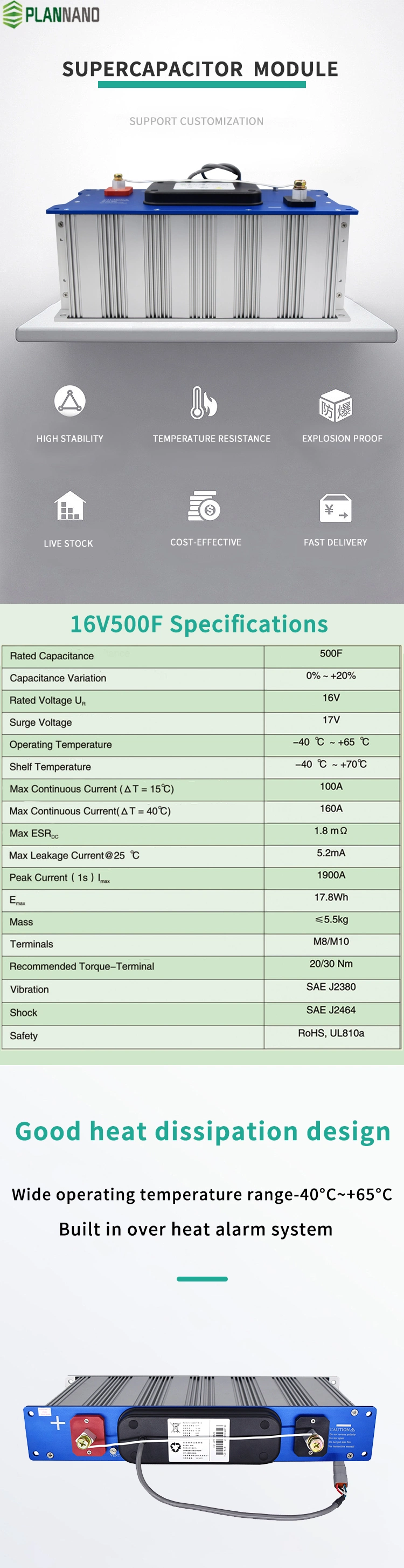 16V 500f Supercapacitor Used for 1000000 Ultra Safe Cycles