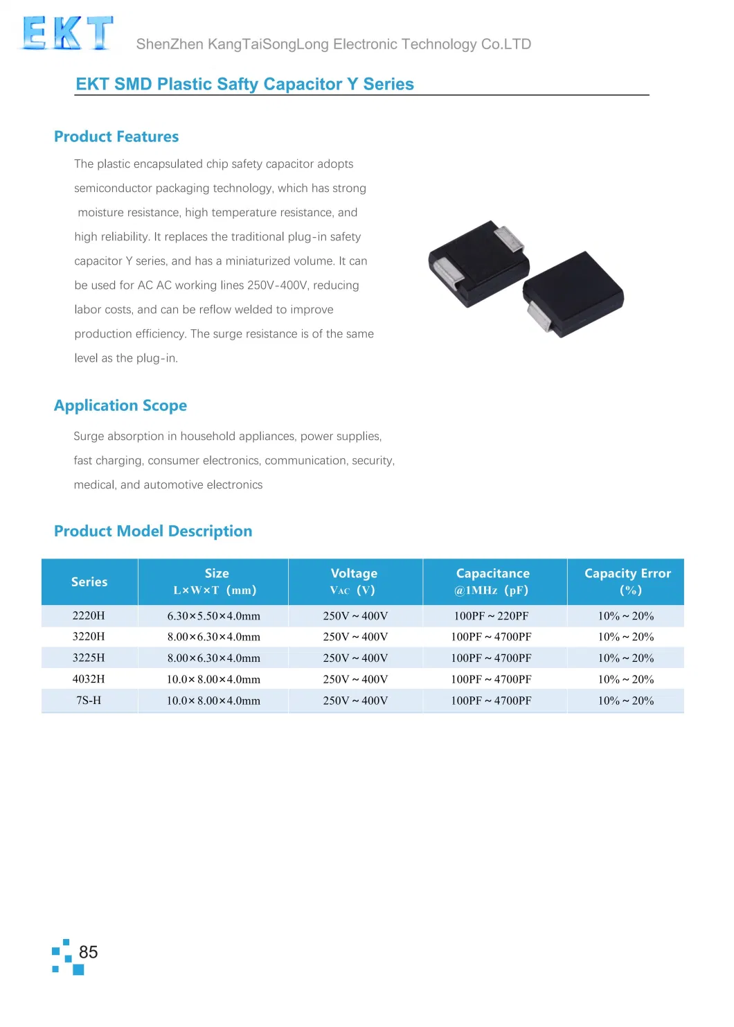 Plastic Encapsulated SMD Safety Capacitor Y Series 222m 400V