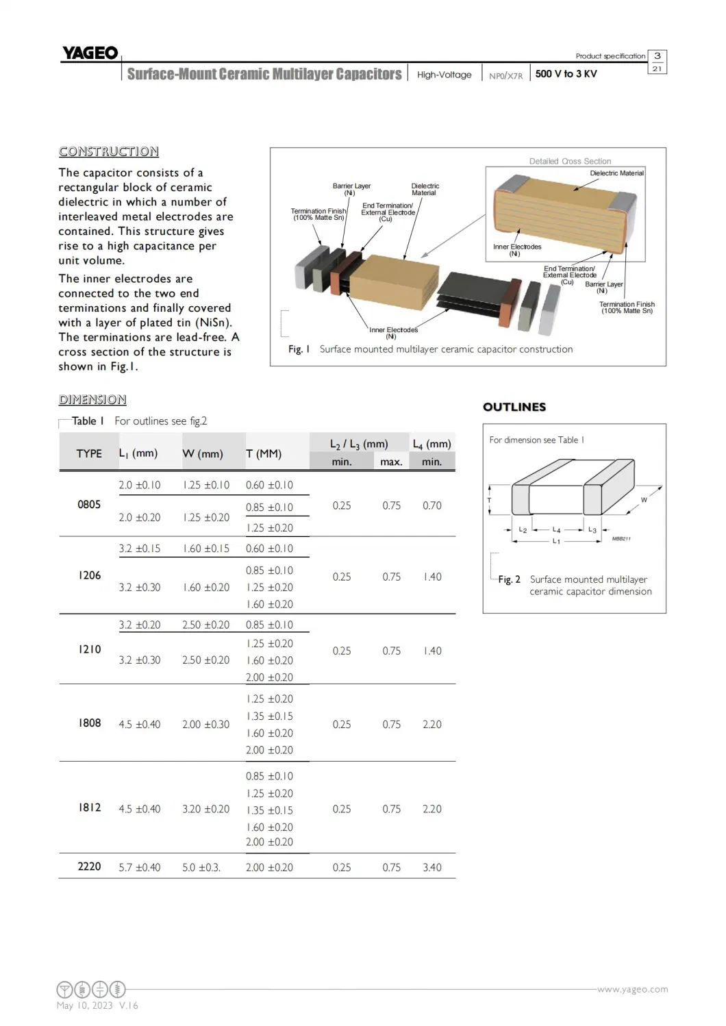 MLCC CC1206KKX7RCBB122 1kV 1200pF X7R 1206 10% High Voltage Ceramic Capacitor Yageo