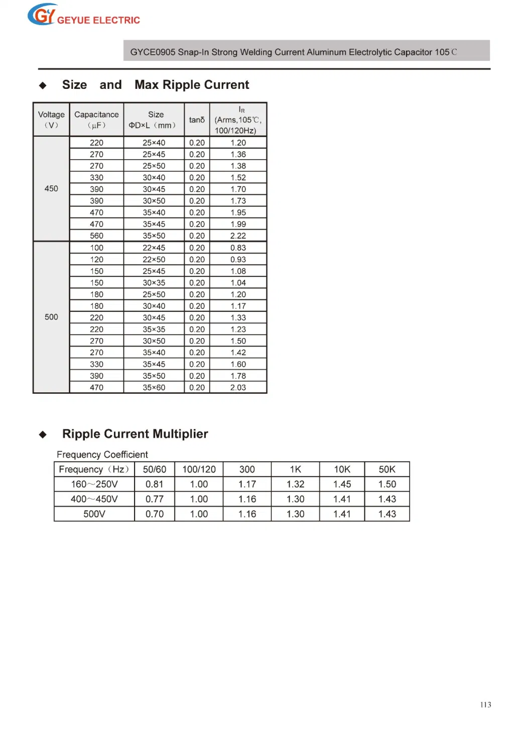 Geyue Gyce0905 3000h Snap-in Strong Welding Current Aluminum Electrolytic Capacitor 105c Degrees