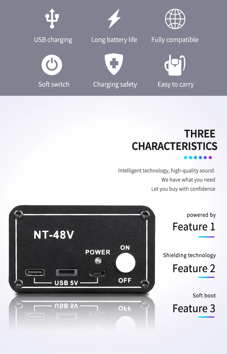 New Design Universal Mixer Audio Amplifiers Phantom Power 48V Supply with Battery and USB Power Supply for Condenser Microphone