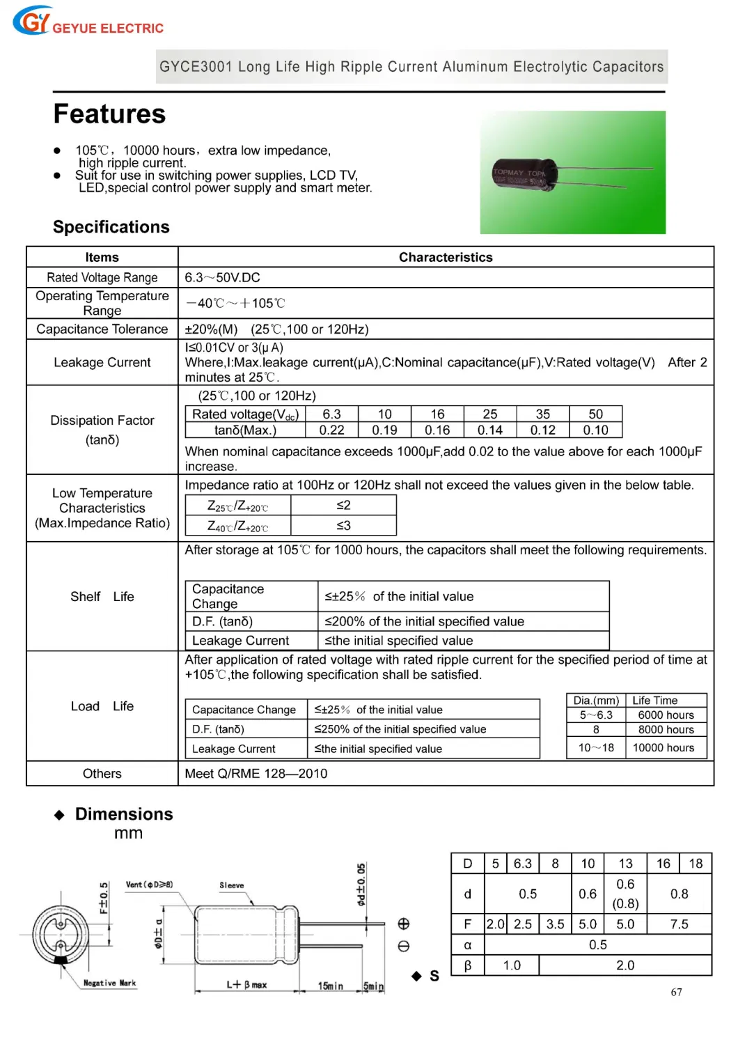 Geyue Gyce3001 Long Life High Ripple Current Aluminum Electrolytic Capacitor 10000h 105c Degrees