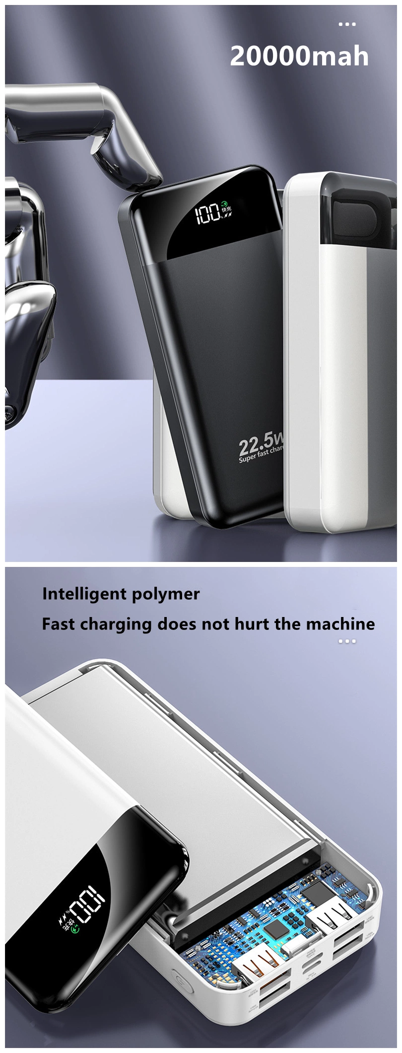 New Products 4 in 1 Line Pd22.5W Custom Portable Super Capacitor Power Bank 30000mAh with Cable