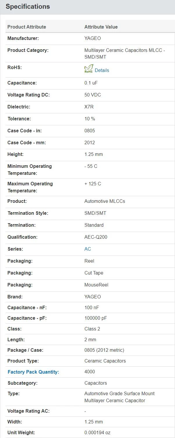 YageoAC0805KRX7R9BB104 50 V 0.1uF X7R 0805 10% AEC-Q200 Automotive Capacitor