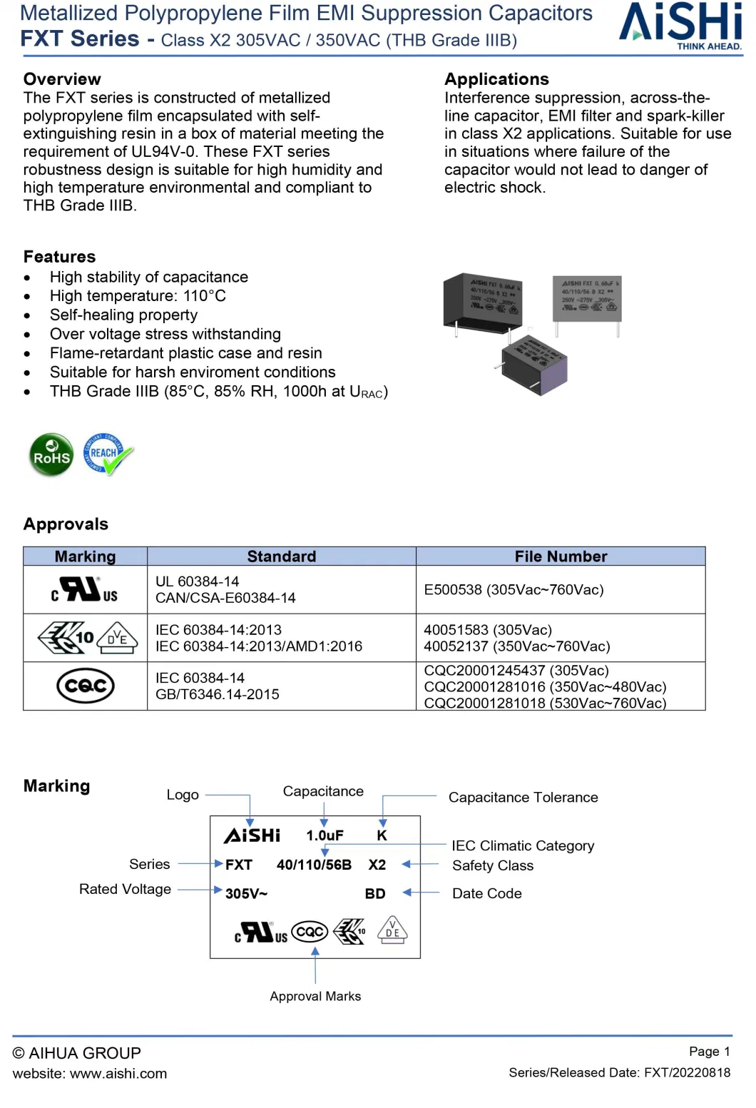 Aishi Class X2 Fxt EMI Suppression Film Capacitors