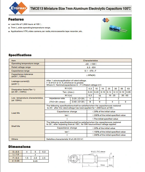 25V 105c Aluminum Electrolytic Capacitor Miniature Size Tmce13