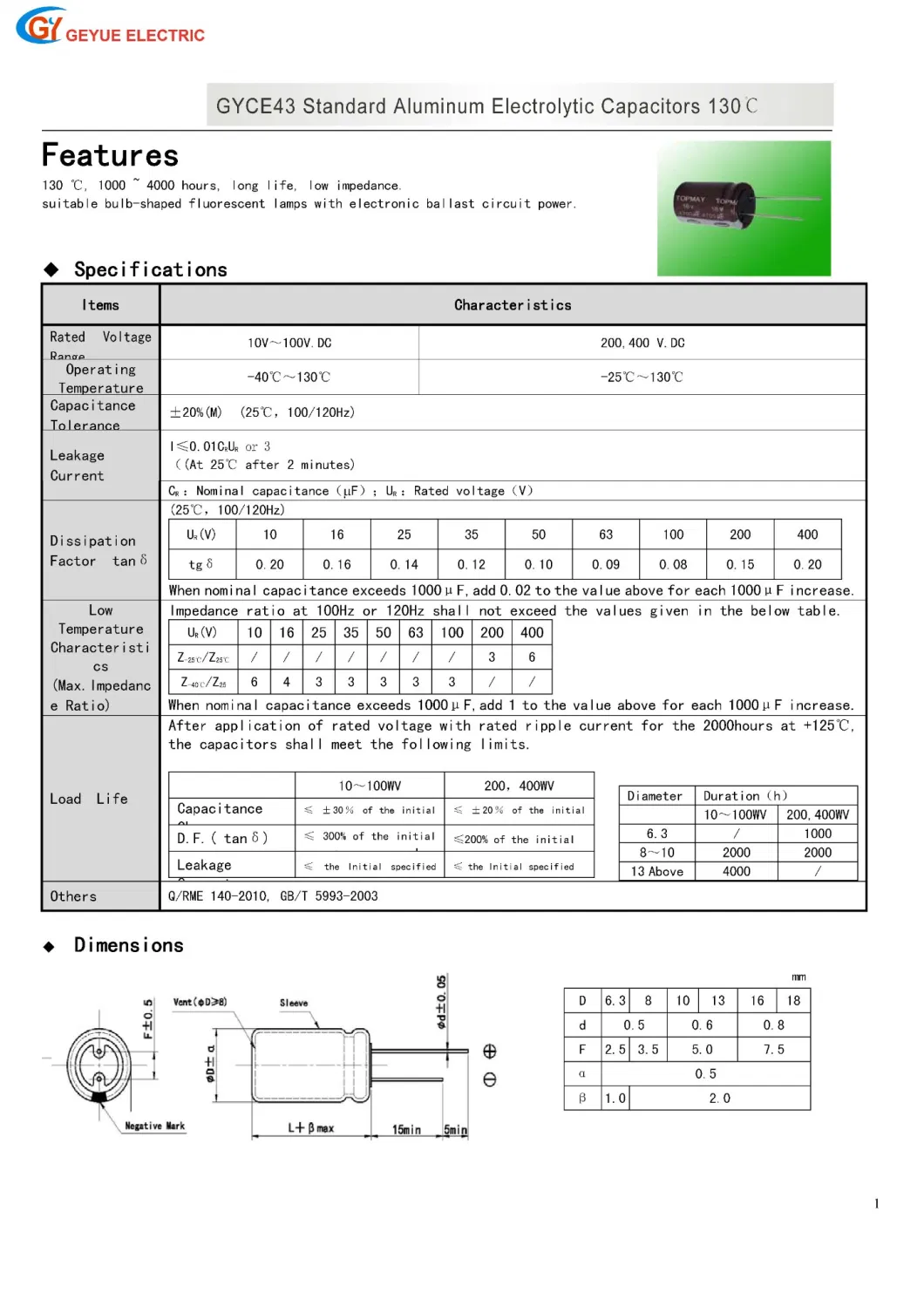 Geyue Gyce43 Long Life Aluminum Electrolytic Capacitor 1000 ~ 4000h 130c Degrees