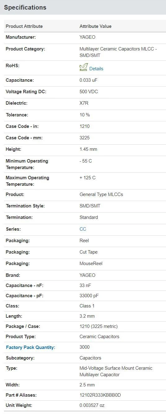 Mlcc CC1210KKX7RBBB333 500V 0.033uF X7R 10% 1210 General Purpose&amp; High SMT/SMD Capacitor Yageo