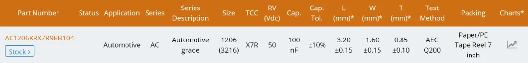 MLCC AC1206KRX7R9BB104 0.1UF 50V X7R 1206 Automotive Grade Capacitor