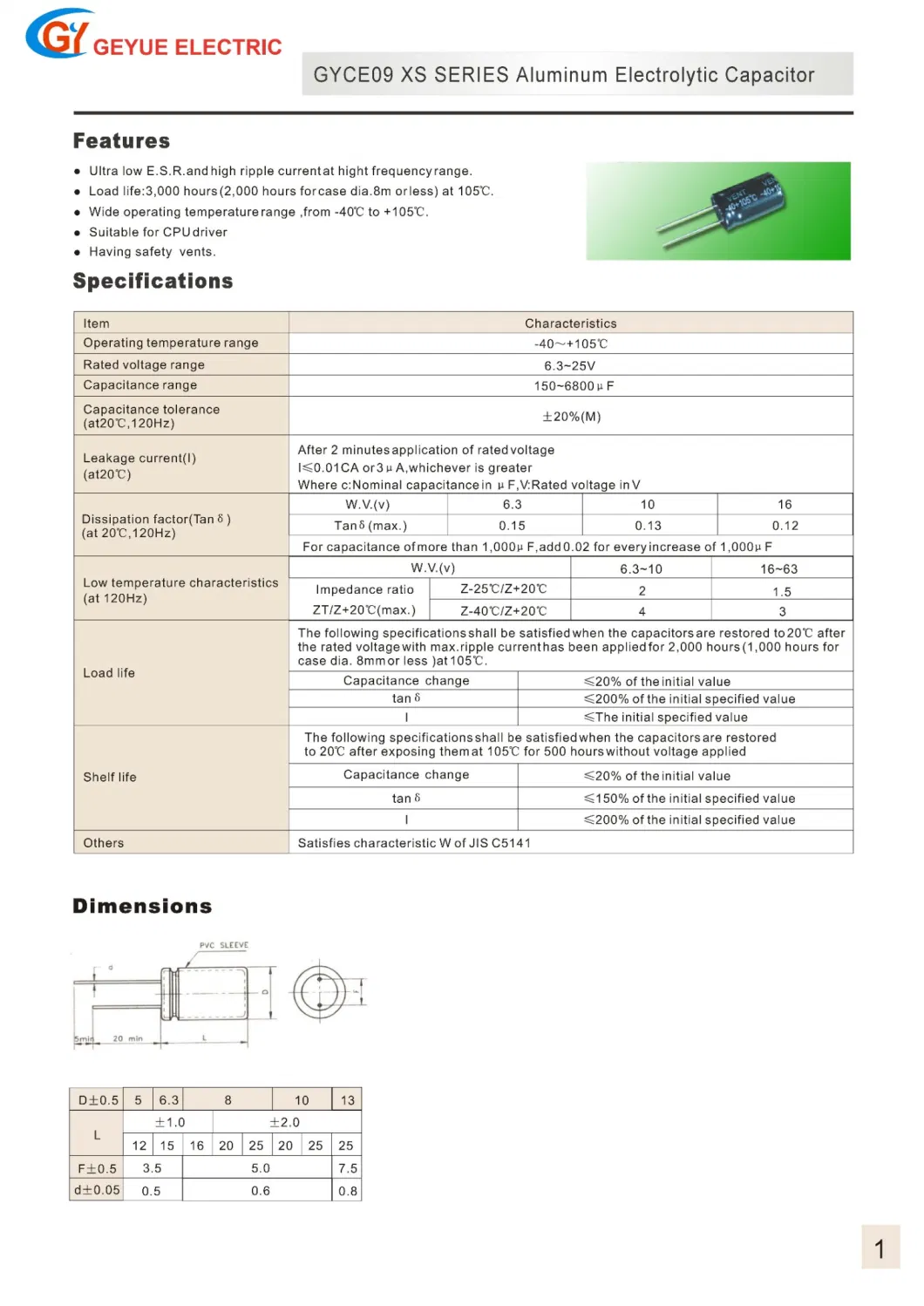 Geyue Gyce09 Xs Series Low Impedance Low ESR High Ripple Current Aluminum Electrolytic Capacitor 105c Degrees