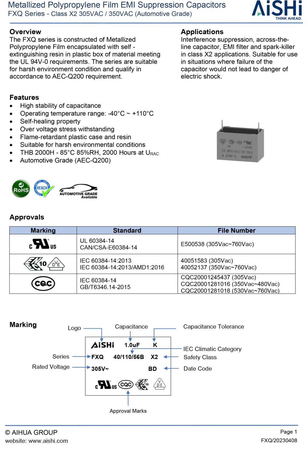 Aishi Class X2 Fxq EMI Suppression Film Capacitors