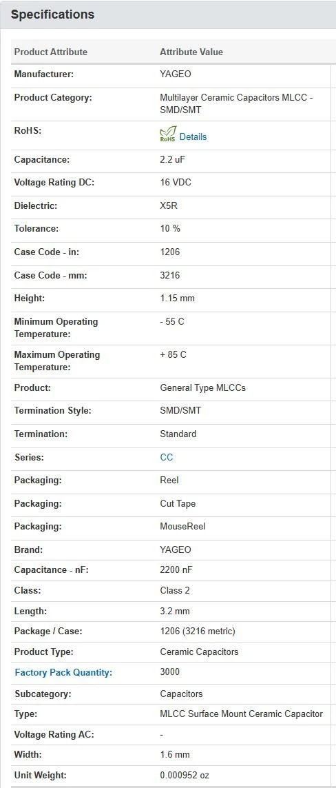 Yageo CC1206KKX5R7BB225 16 V 2.2uF X5R 1206 10% Multilayer Ceramic Capacitors