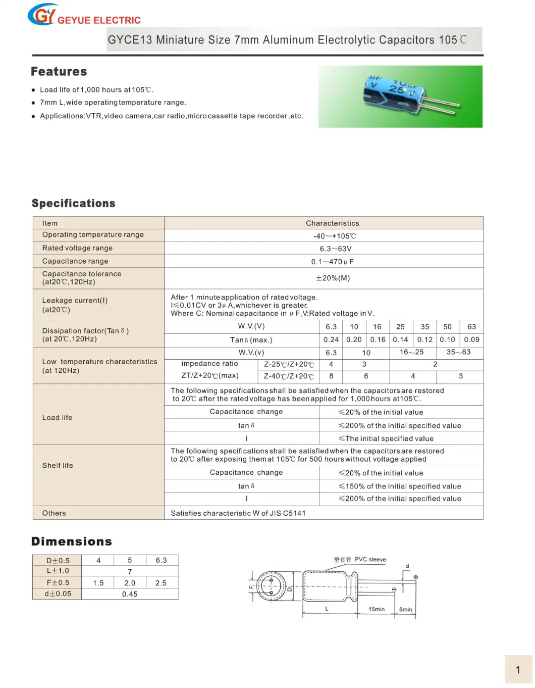 Geyue Gyce13 1000h Miniature Size 7mm Aluminum Electrolytic Capacitor 105c Degrees