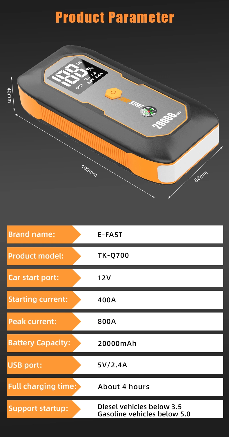 12V 20000mAh Emergency Power Bank Station Car Jump Starter / OEM Portable Super Capacitor SUV/Car Battery Powerbank Jump Starter