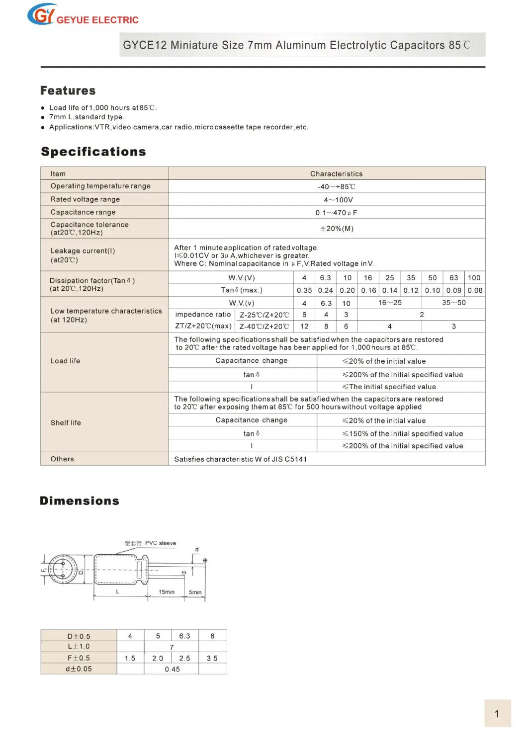 Geyue Gyce12 1000h Miniature Size 7mm Aluminum Electrolytic Capacitor 85c Degrees
