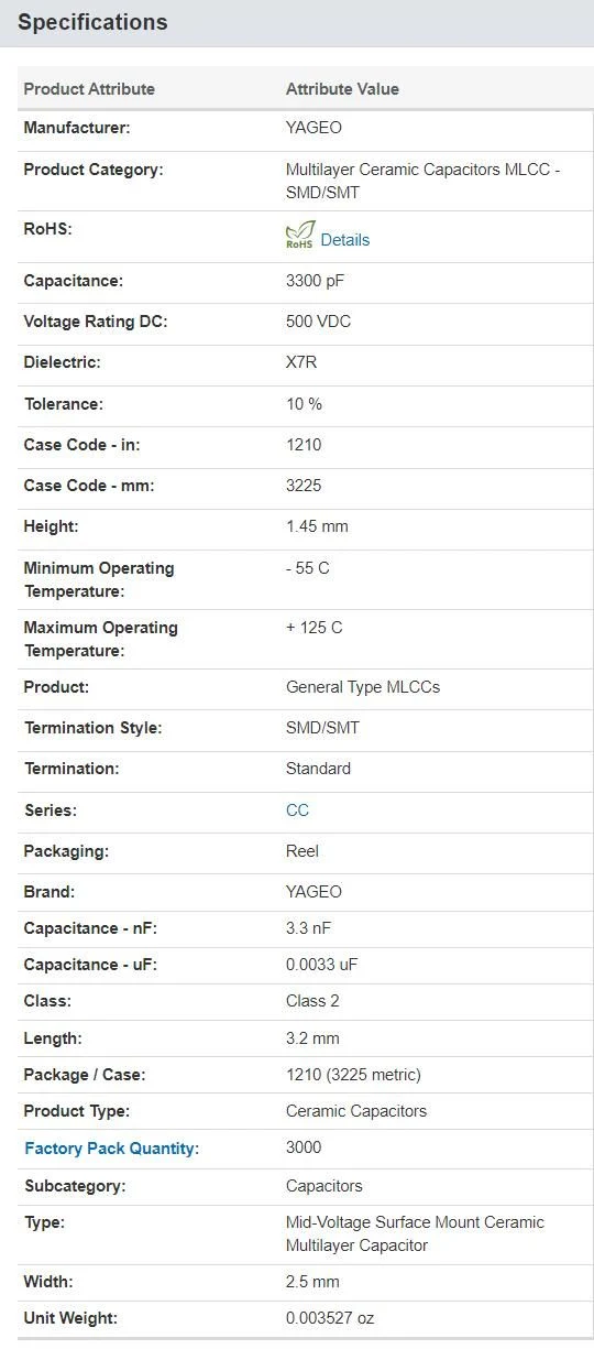 Mlcc CC1210KKX7RBBB332 500V 3300pF X7R 1210 10% General Purpose&amp; High SMT/SMD Capacitor Yageo