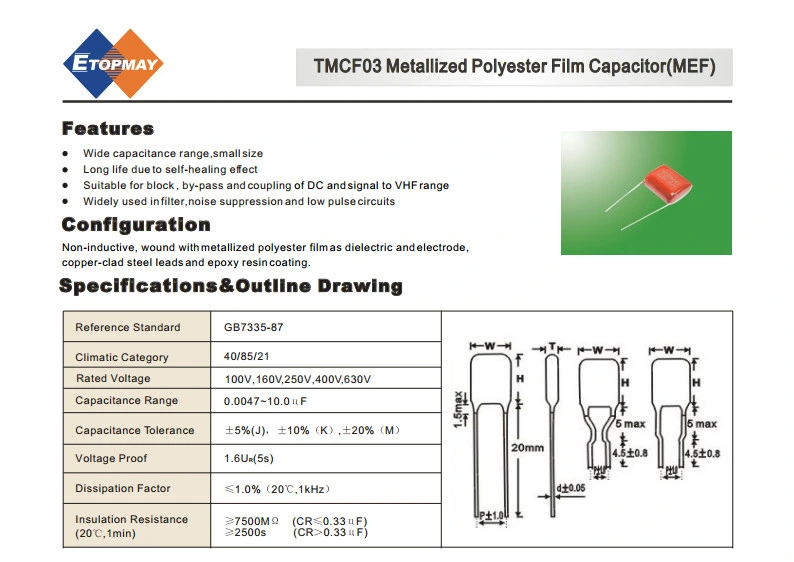 400V Metallized Polyester Film Capacitor Cl21 Large Lead Space Mef Capacitor Tmcf03