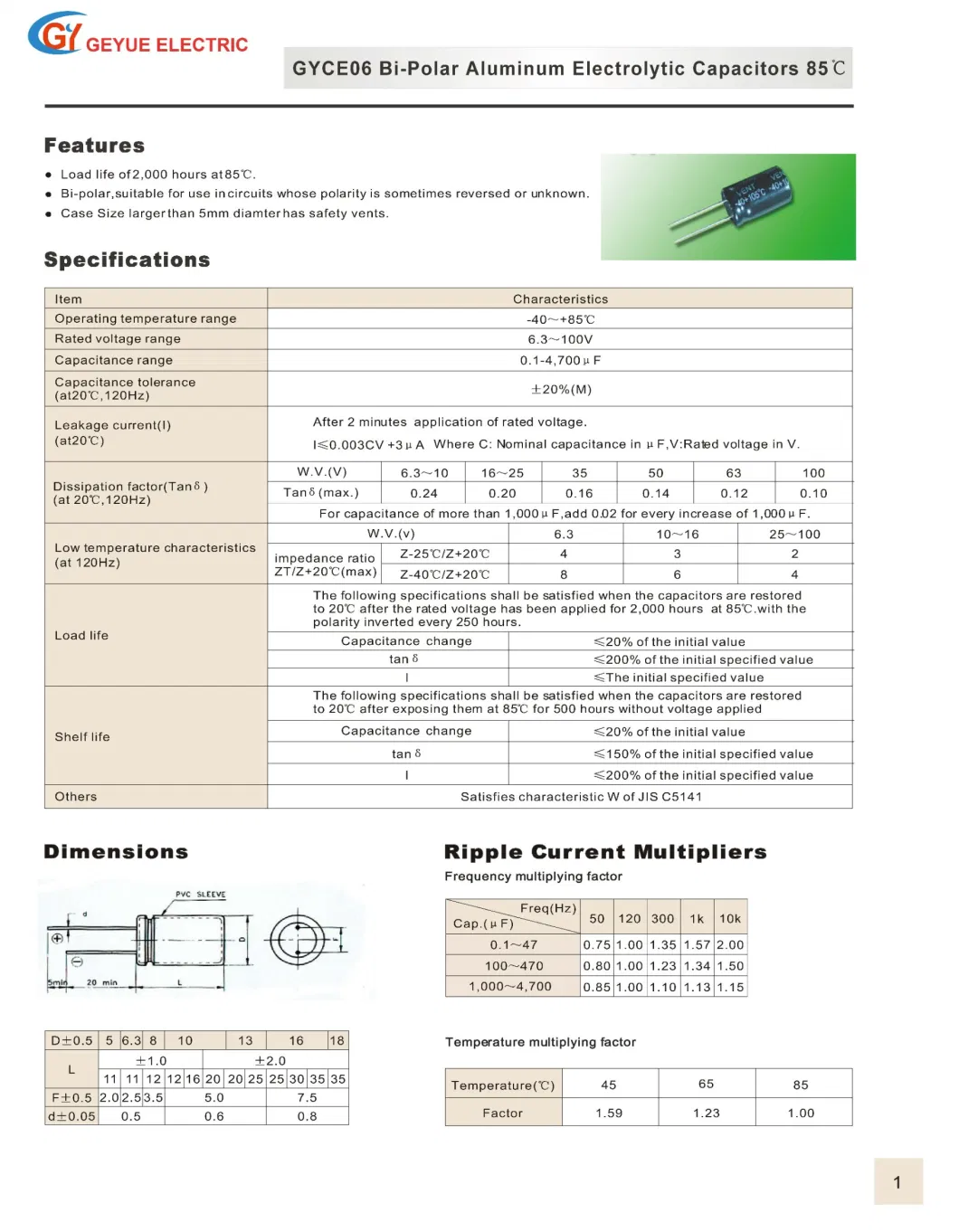 Geyue Gyce06 Bi-Polar Aluminum Electrolytic Capacitor 85c Degrees