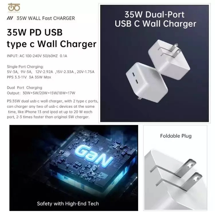 35W Wall iPhone Charger Fast Charging 2 USB C Power Adapter