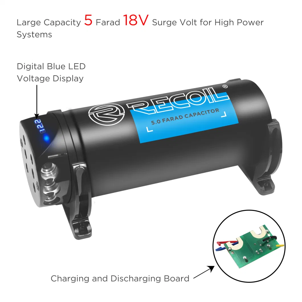 Edge Rec5d 5 Farad 18sv Car Audio Energy Storage Reinforcement Electrolytic Capacitor with Digital Read-out and Built-in Distribution Block for Two Amplifiers