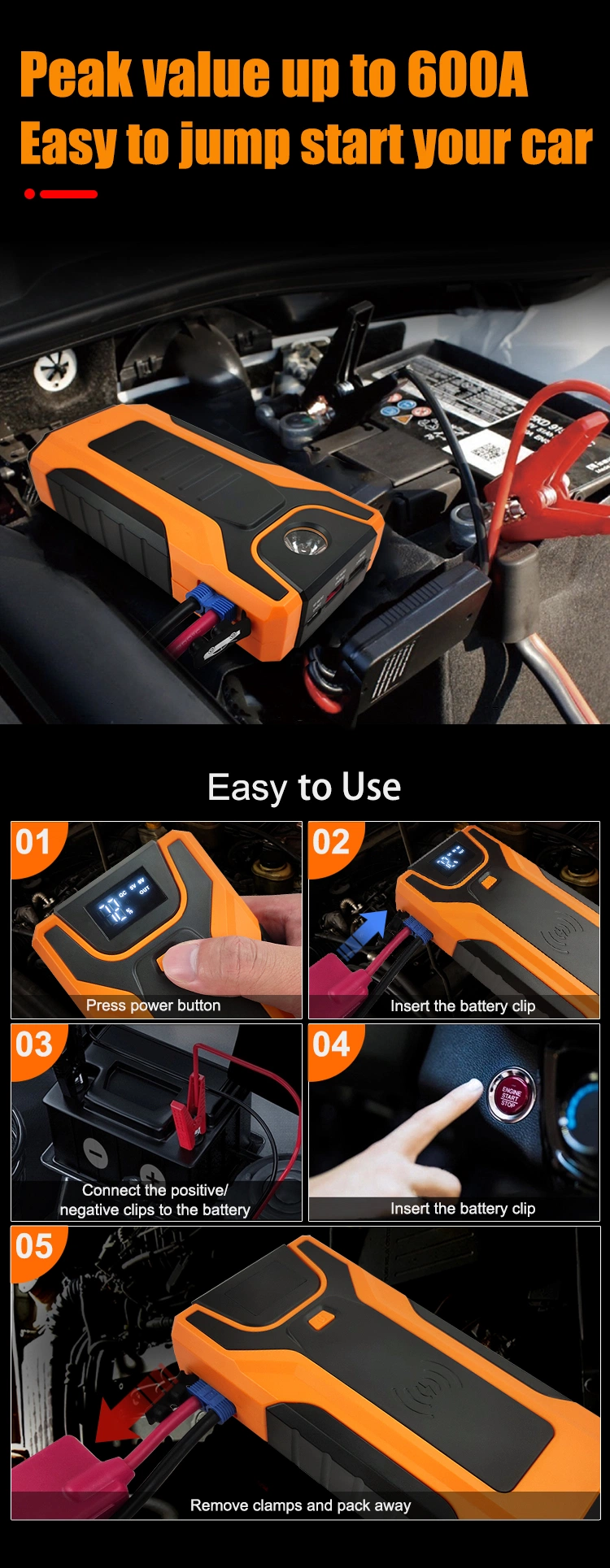 Battery Super Capacitor Portable Car Jump Starter with Air Compressor