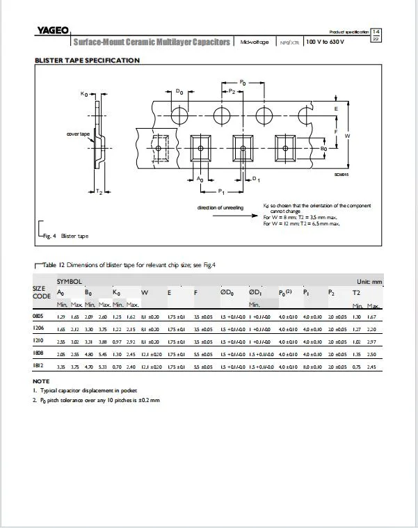 MLCC CC0805GRNPOABN150 200V 15pF C0G 0805 2% High Voltage SMD/SMT Capacitor Yageo