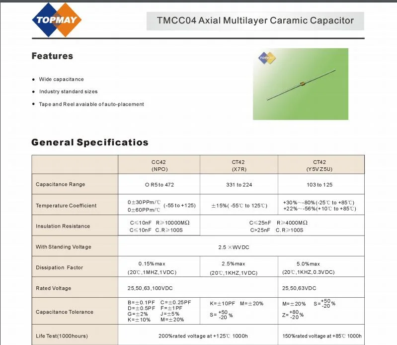 Topmay Axial Multilayer Ceramic Disc Capacitor Mlcc