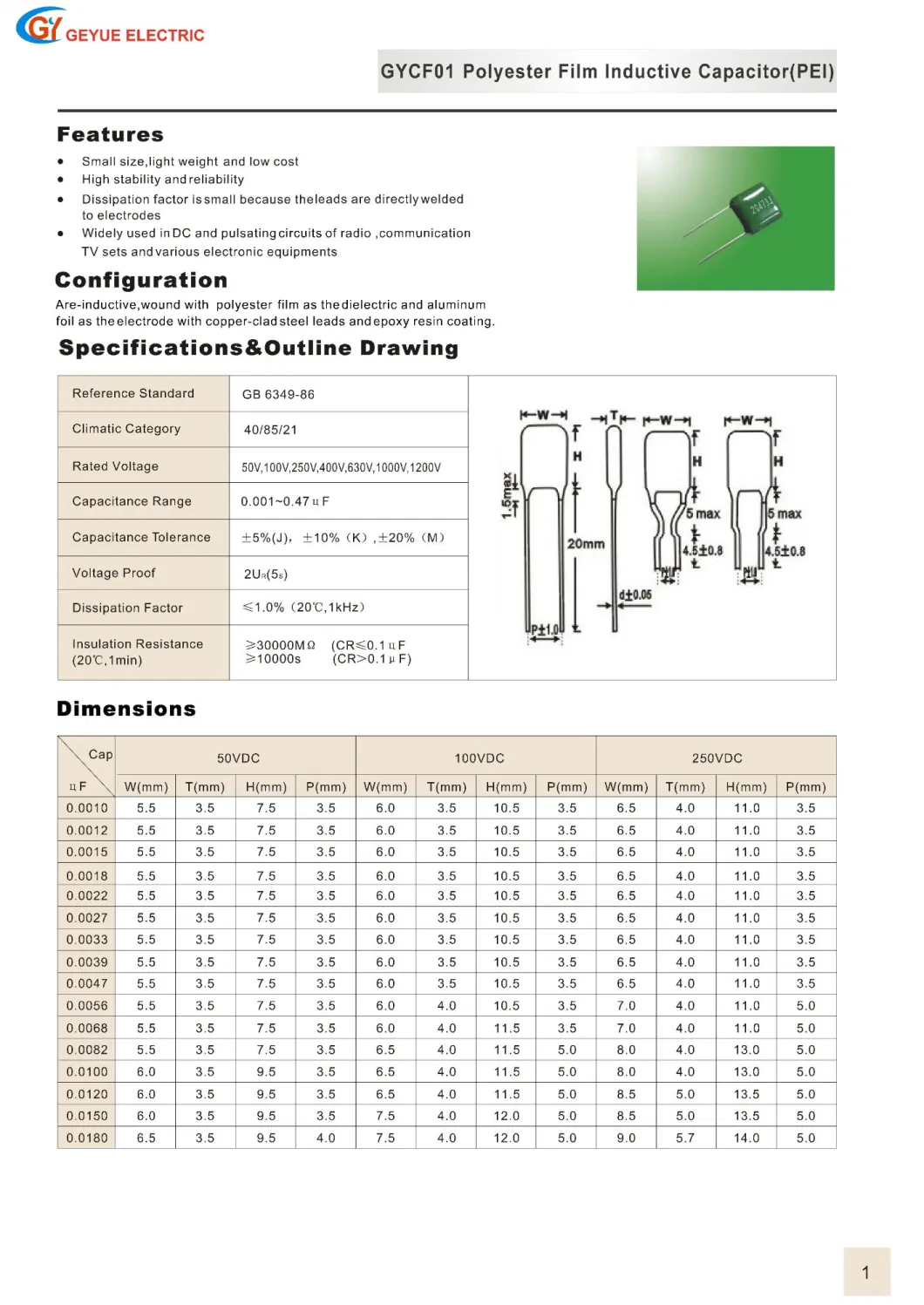 Geyue Gycf01 Metallized Polyester Film Inductive Capacitor Green Pei Cl11