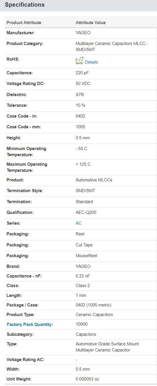 Yageo AC0402KRX7R9BB221 50 V 220pF X7R 0402 10% AEC-Q200 Automotive Capacitor