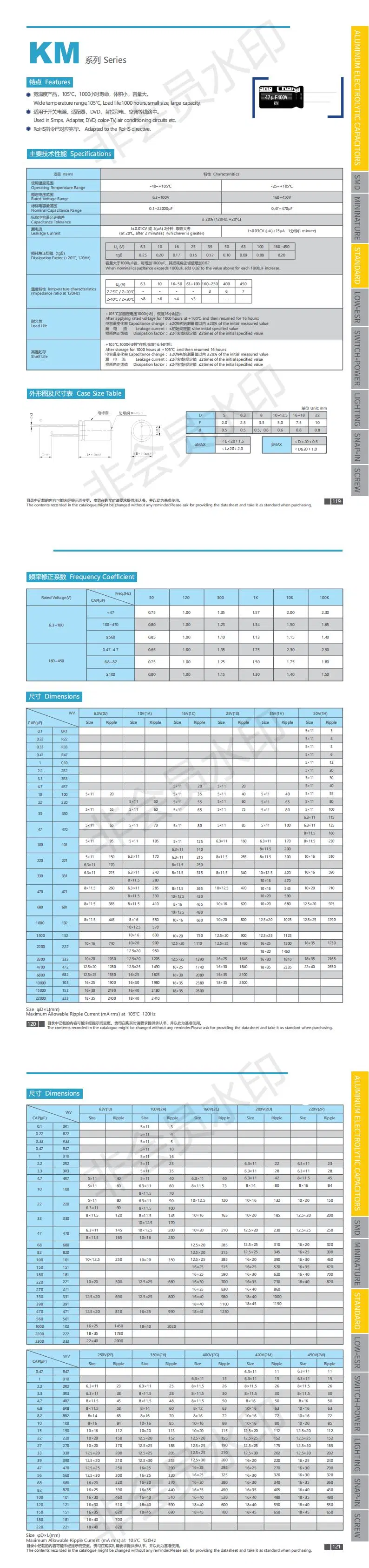 Aluminum electrolytic capacitor Radial Lead Type KM series 0.1UF~2200UF