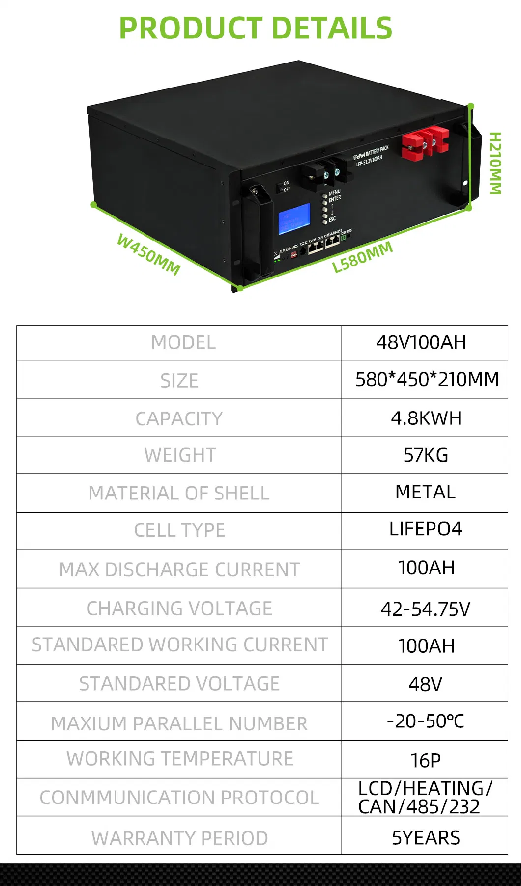 Hybrid Super Capacitor LiFePO4 48V Lithium Battery Solar Storage