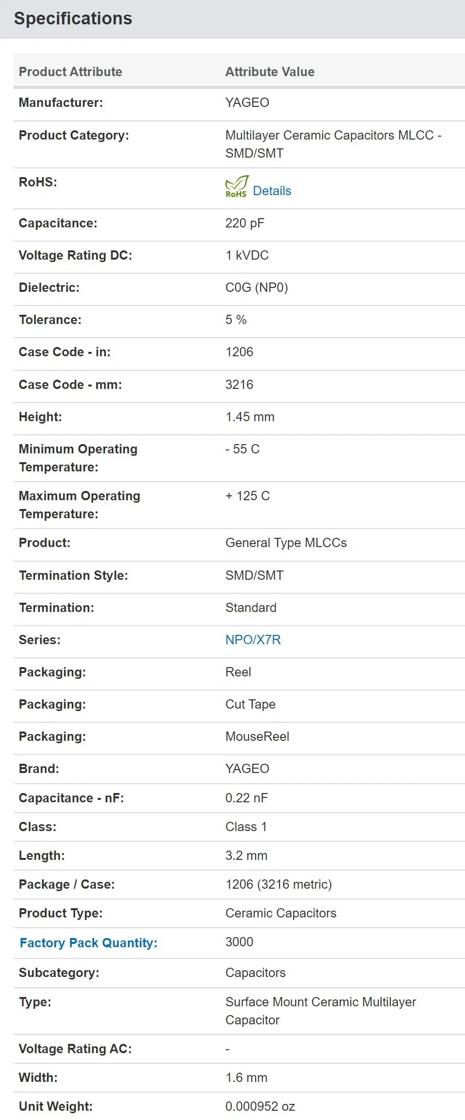 MLCC CC1206JKNPOCBN221 1kV 220pF C0G High voltage SMD/SMT Ceramic Capacitor Yageo