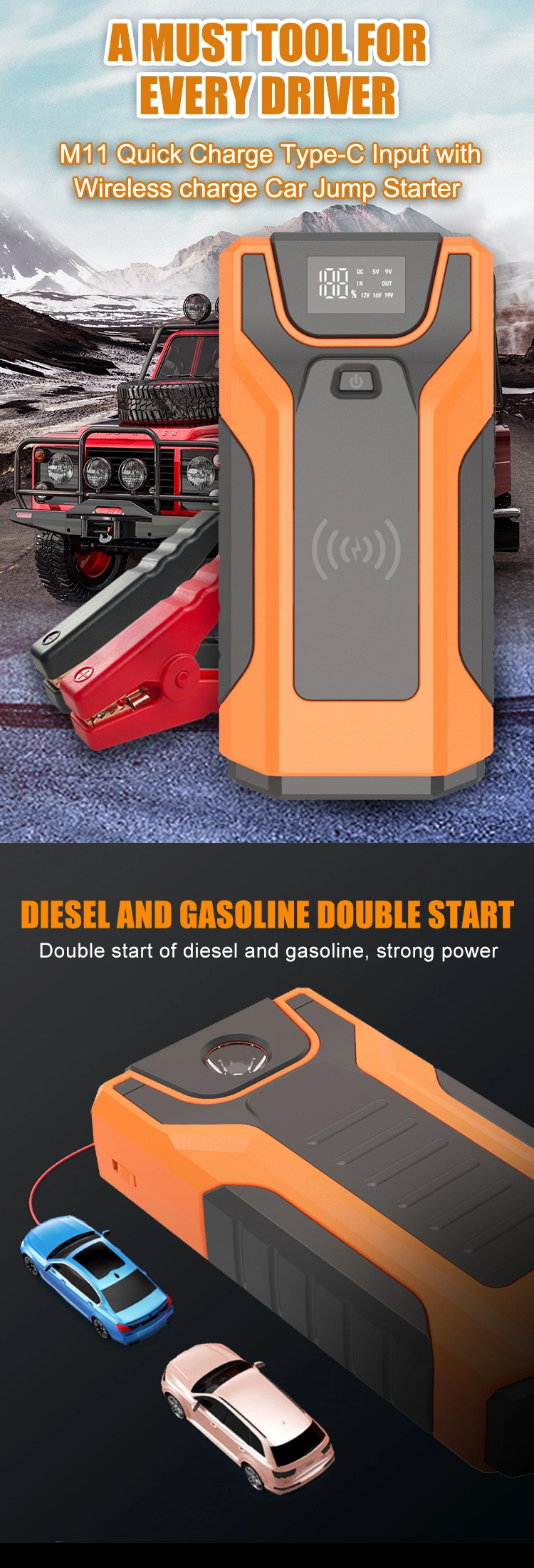 Battery Super Capacitor Portable Car Jump Starter with Air Compressor