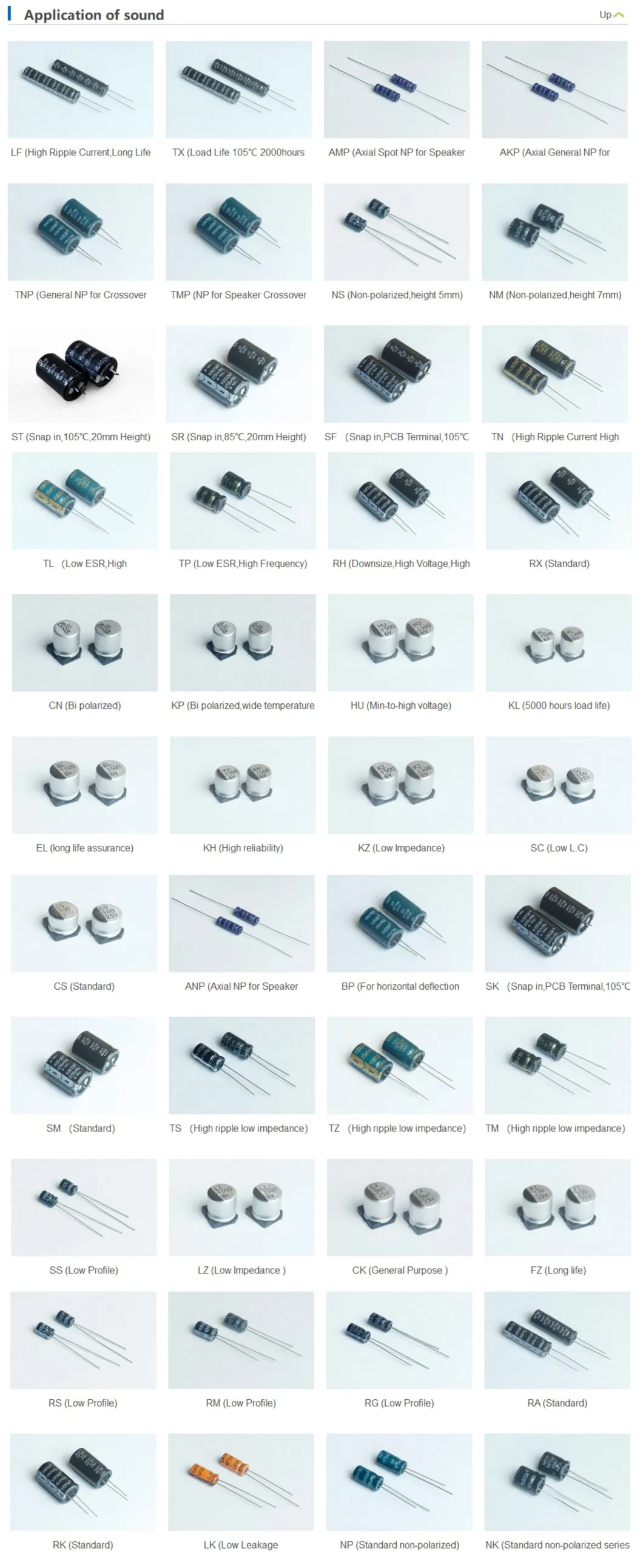 No Polarity Nk 0.47 ~ 4700 &mu; F Application for Sound Capacitors