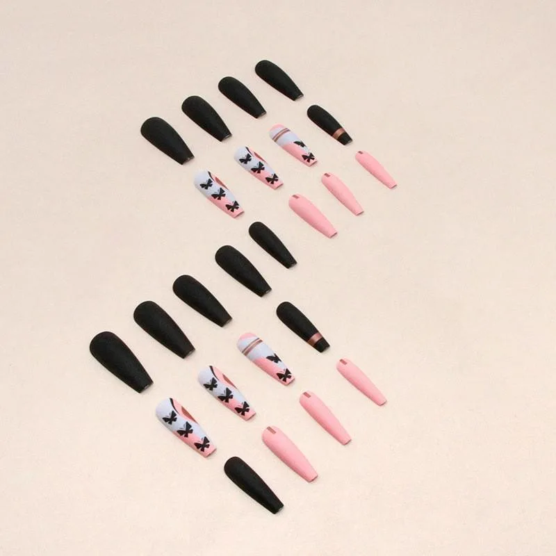 24 PCS/Box Full Cover French Long Coffin Artificial Nail Gradient False Nail Press on Nails Pink Coffin