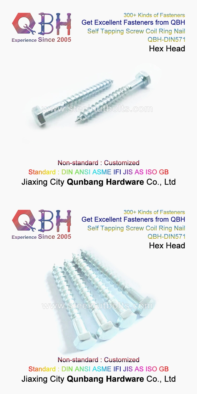 Qbh Standard Non-Standard Customzied Hex Hexagon Hexagonal Head Furniture Spare Parts Wood Grub Coach Self Tapping Lag Screws