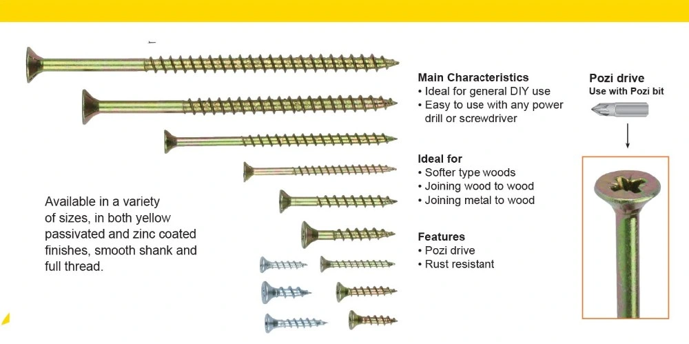 DIN7505 DIN7505 Pozi Drive Chipboard Screw Flat Countersunk Head Yellow Zinc Plated