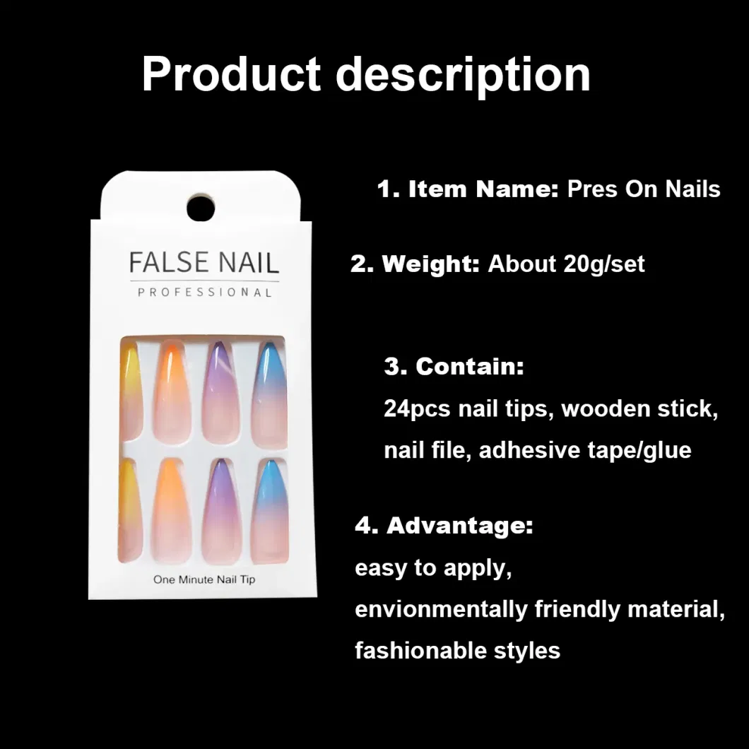 24 PCS/Box Full Cover French Long Coffin Artificial Nail Gradient False Nail Press on Nails Pink Coffin