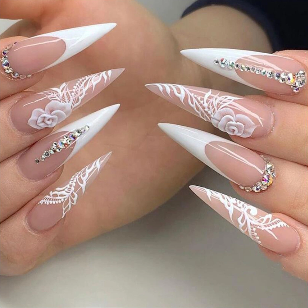 Hot in Europe and The United States Ultra Long Pointed French Wearing Nail White Rose Inlaid Diamond Ultra Thin Detachable Nail Patch