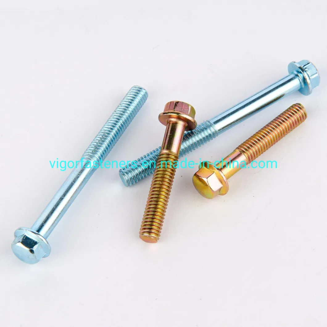 DIN6921 Color Zinc Plated Hex Flange Bolt Grade8.8 10.9 12.9 Full Thread Half Thread Hex Flange Head Cap Screw Alloy Steel Flange Bolt with or Without Serration