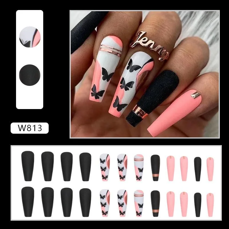 24 PCS/Box Full Cover French Long Coffin Artificial Nail Gradient False Nail Press on Nails Pink Coffin