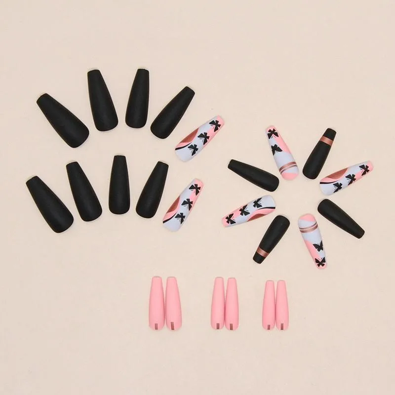 24 PCS/Box Full Cover French Long Coffin Artificial Nail Gradient False Nail Press on Nails Pink Coffin