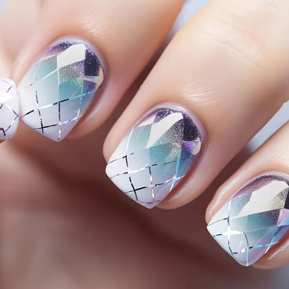 Cross-Border Sales of Europe and The United States Wear Short Nail Nail Blue Purple Gradient Diamond Check Fake Nail Patch Nails