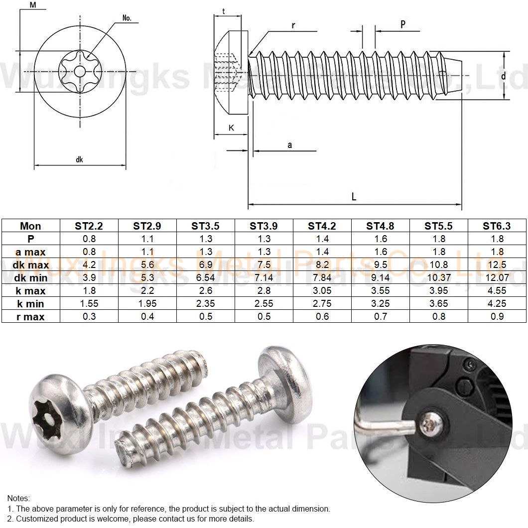 A2 A4 Flat Point Self Tapping Torx with Pin Pan Head Security PT Screws