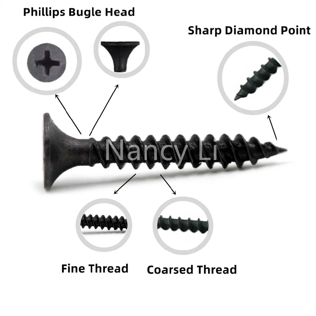 Black/Grey Phosphated Phillips Bugle Head Fine/Coarse Thread Drywall Screws Electro Galvanized Self-Tapping Screws Sharp Point General Construction