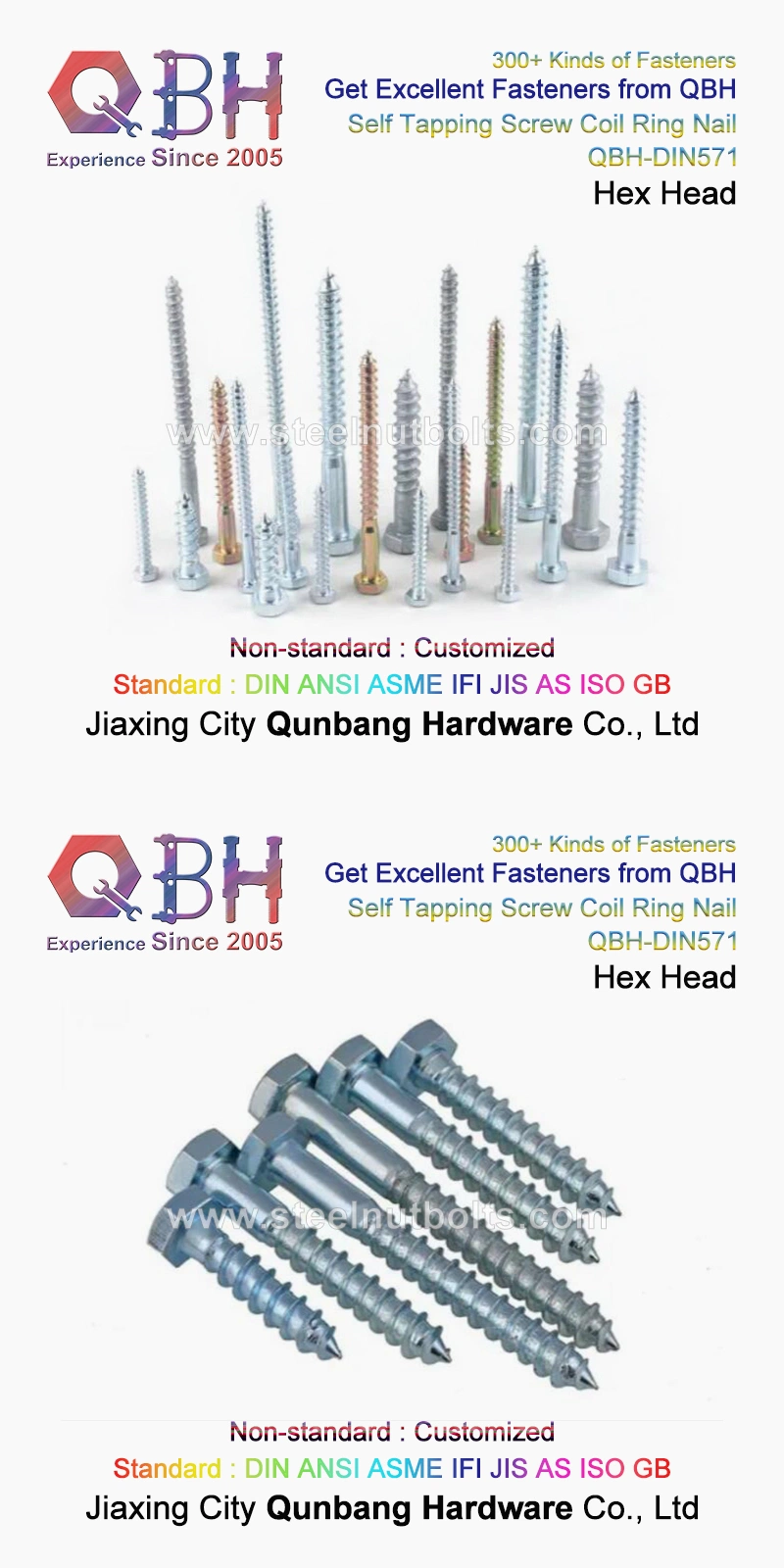 Qbh Standard Non-Standard Customzied Hex Hexagon Hexagonal Head Furniture Spare Parts Wood Grub Coach Self Tapping Lag Screws