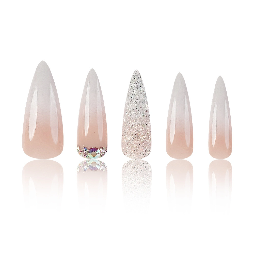 Cross-Border Explosive Ultra Long Water Drop Nail Powder White Gradient Wear Nail Nail Glitter with Diamond Fake Nail Patch Nails